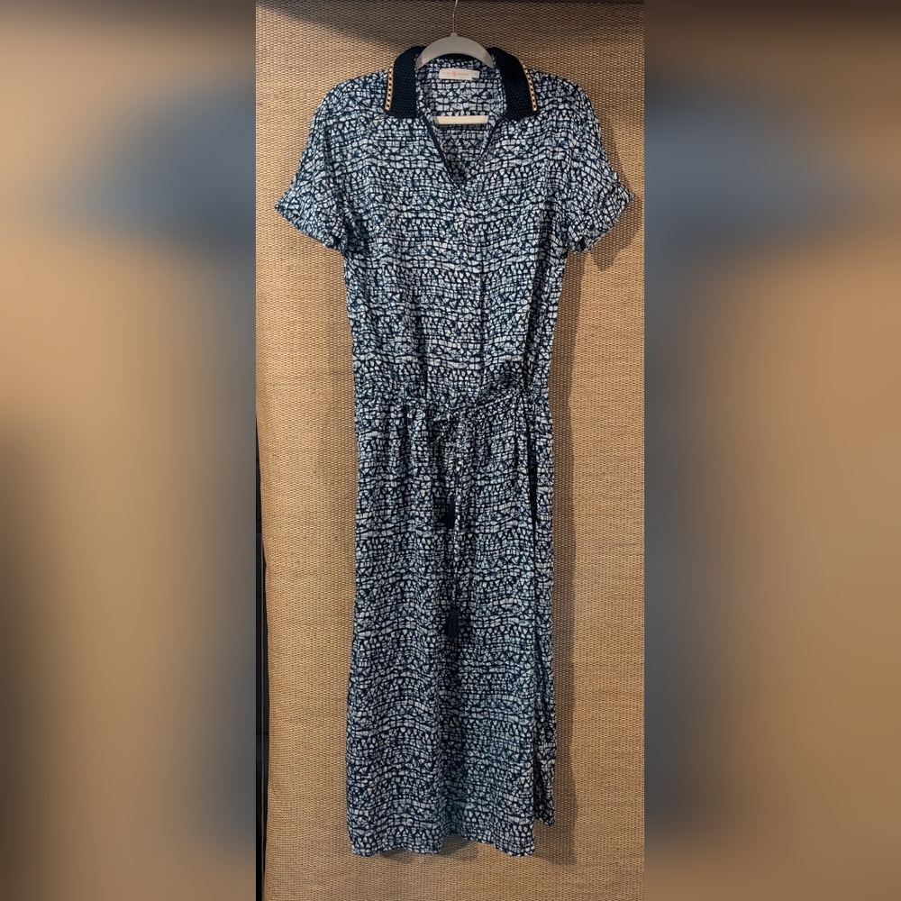 Tory Burch Navy and White Patterned Midi Dress with Knit Collar